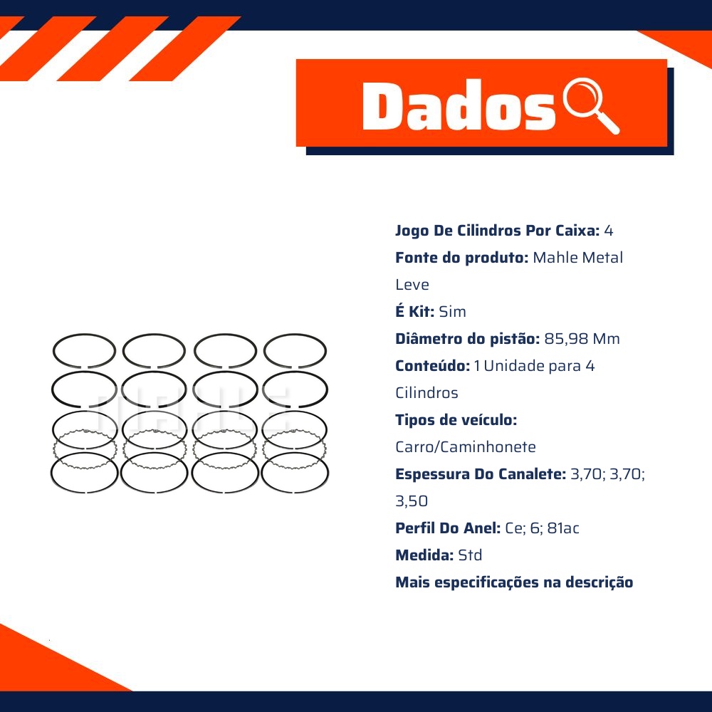 Jogo de Anéis do Pistão STD 4 Cilindros - Mahle Metal Leve - DA.7269 STD