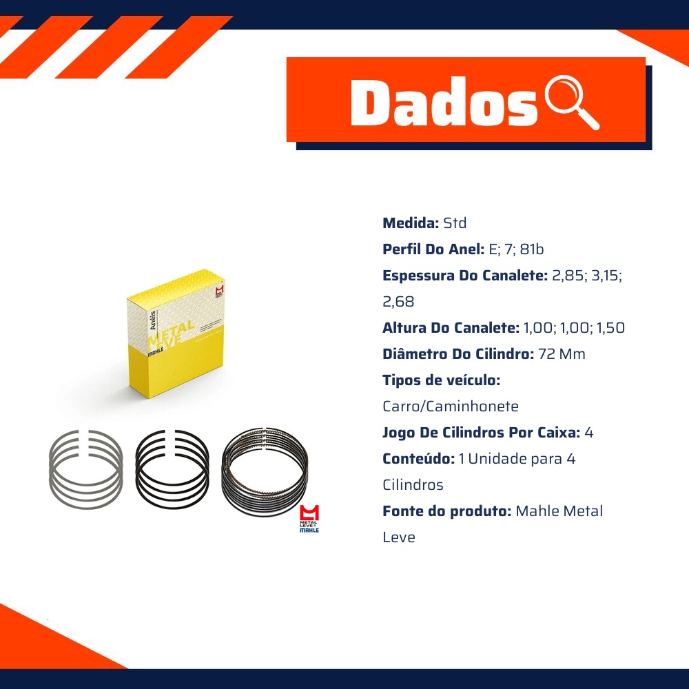 Jogo de Anéis do Pistão STD 4 Cilindros para Fiat Siena - Mahle Metal Leve - STA.8760 STD