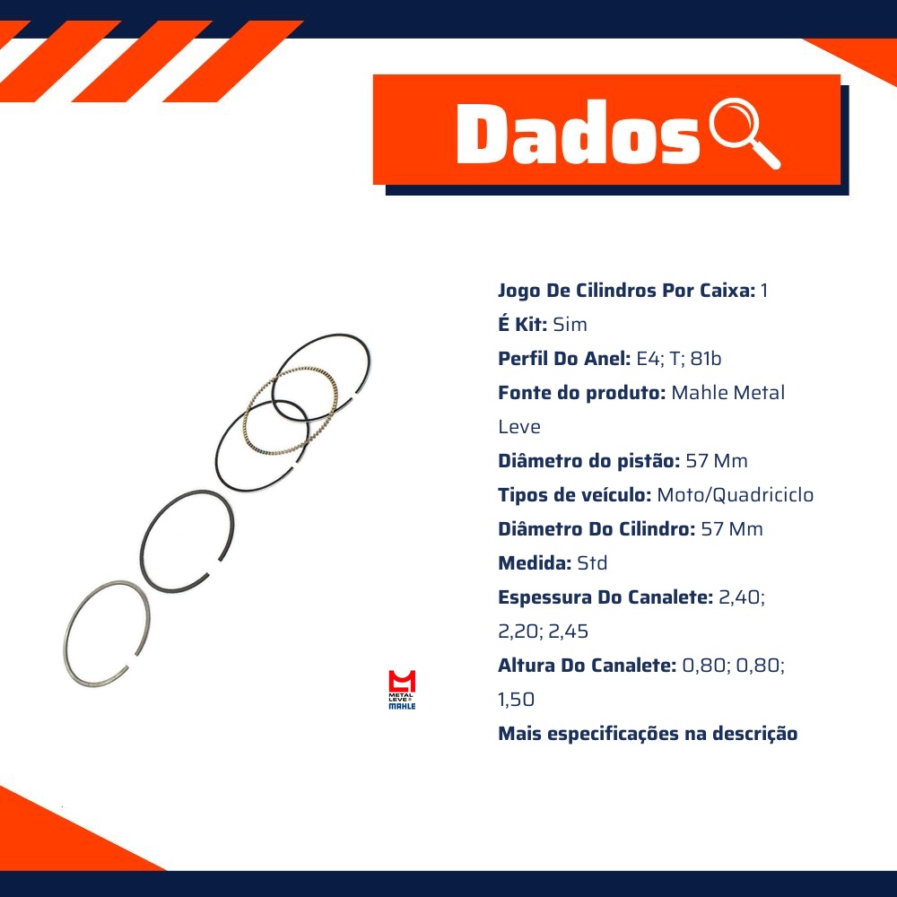 Jogo de Anéis do Pistão STD 1 Cilindro para Dafra Apache 150 - Mahle Metal Leve - TA.9281 STD