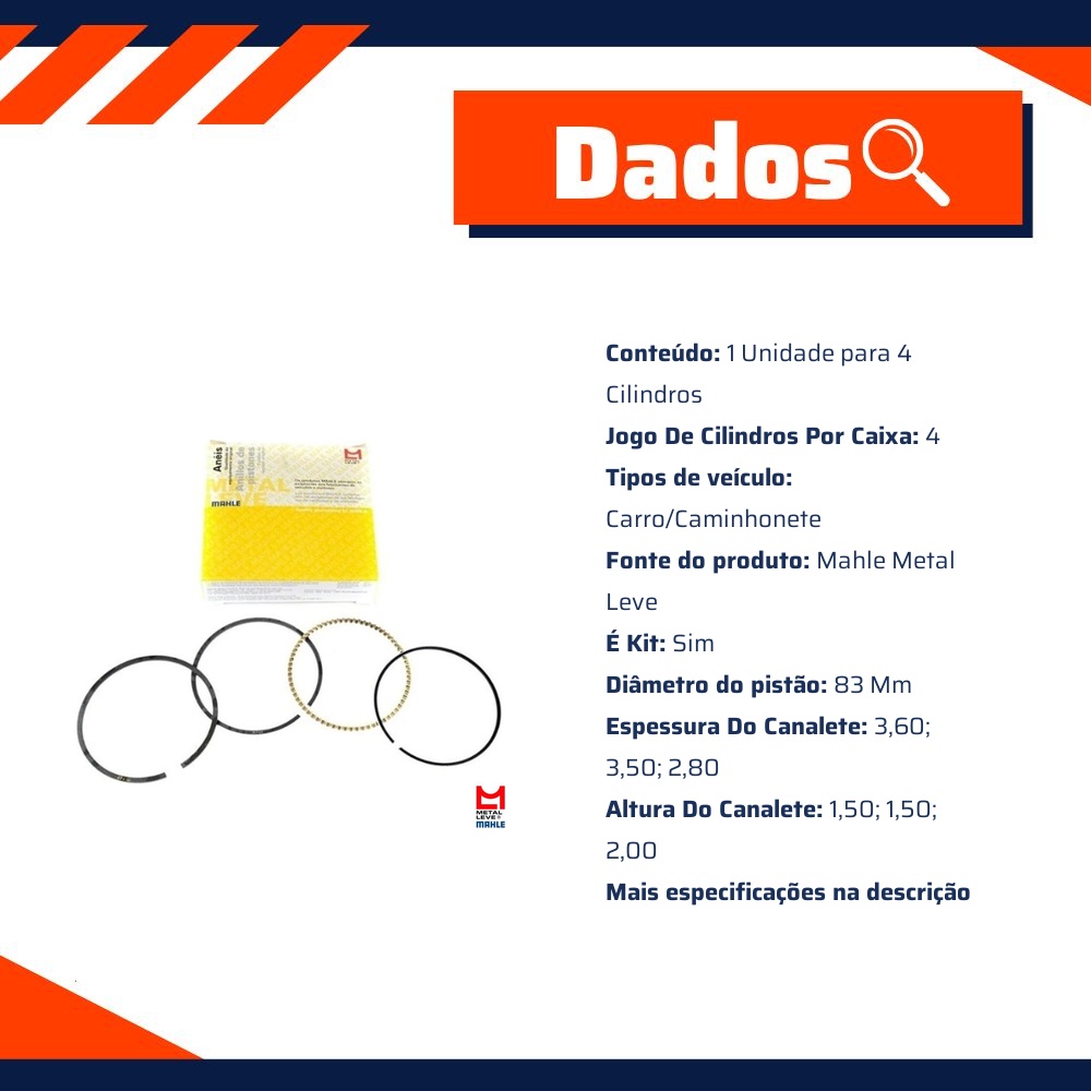 Jogo de Anéis do Pistão STD 4 Cilindros - Mahle Metal Leve - DL.9074 STD