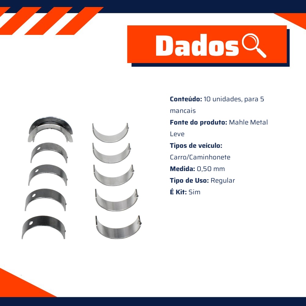 Jogo de Bronzina Central 0,50 - Mahle Metal Leve - BC-684-J 0,50