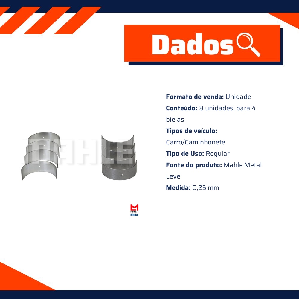 Jogo de Bronzina de Biela 0,25 - Mahle Metal Leve - BB-503-J 0,25