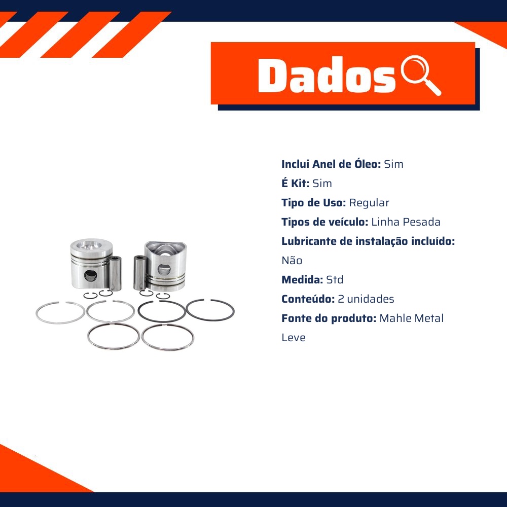 Jogo com 2 Pistões com Anéis STD para Ford F-4000 - Mahle Metal Leve - P&A1076 STD