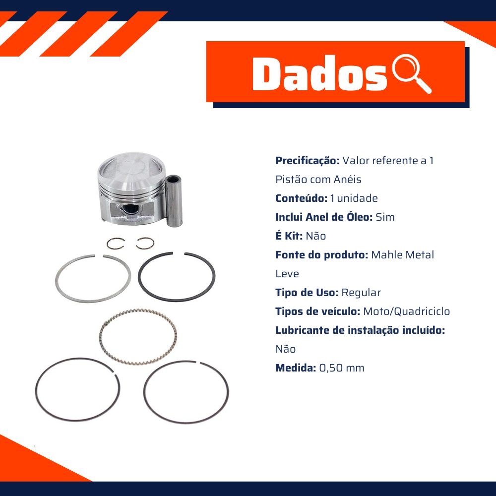 Pistão com Anéis 0,50 para Honda CBX 150 Aero e NX 150 - Mahle Metal Leve - P&A9024 0,50