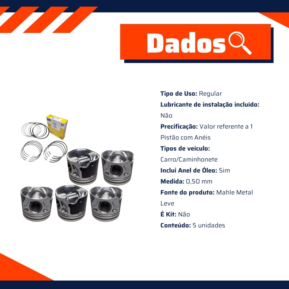 Jogo 5 Pistão com Anéis 0,50 para Ford Ranger e Troller T4 - Mahle Metal Leve - P&A9862 0,50