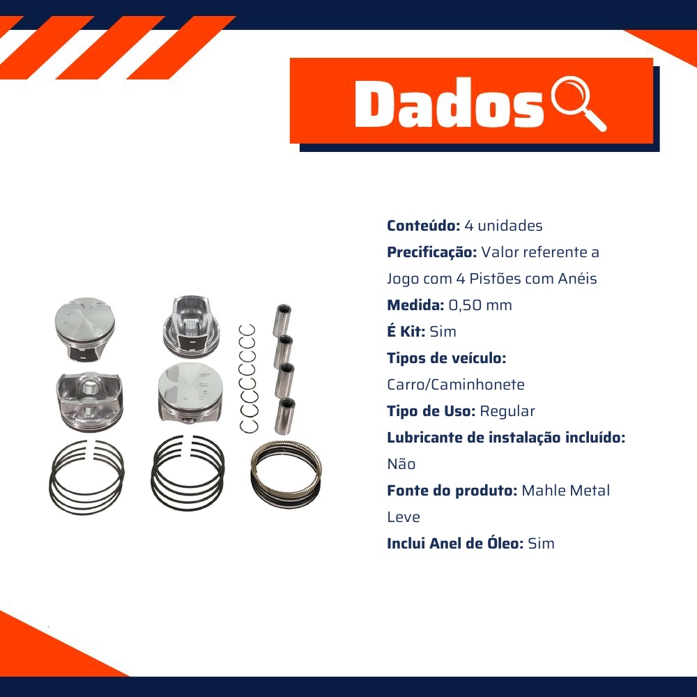 Jogo com 4 Pistões com Anéis 0,50 para Hyundai Elantra e KIA Sportage - Mahle Metal Leve - P&A9873 0,50