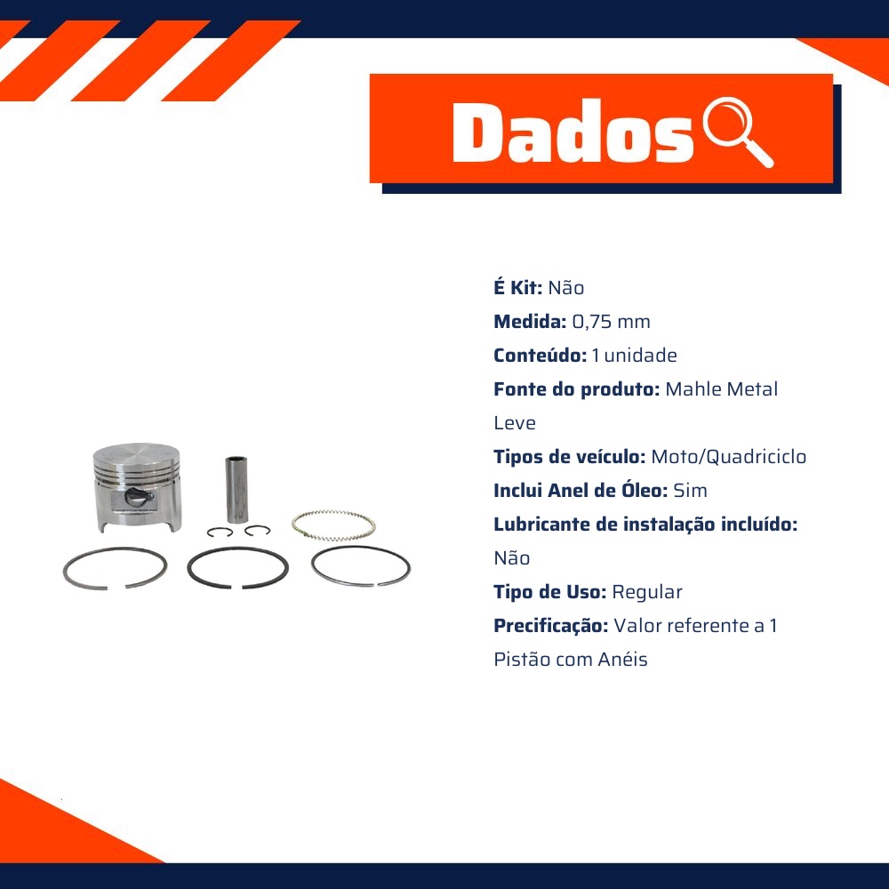 Pistão Com Anéis 0,75 - Mahle Metal Leve - P&A9080 0,75