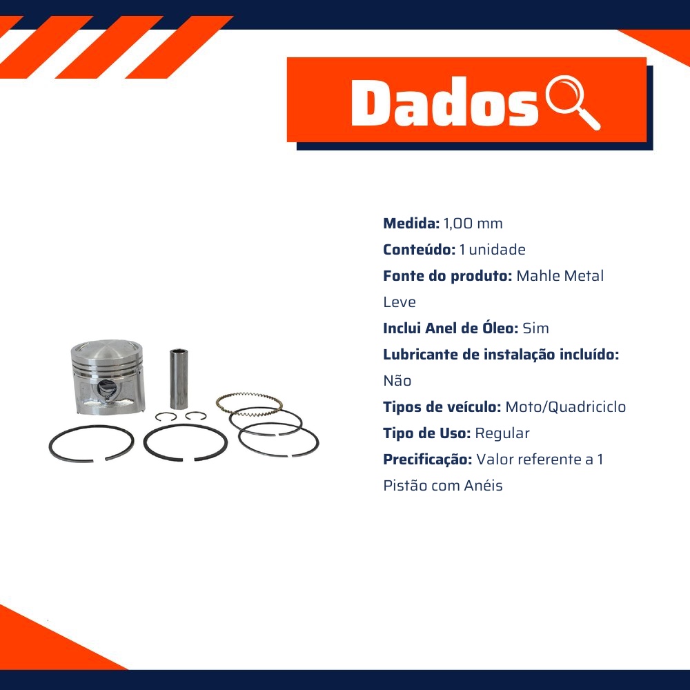 Pistão com Anéis 1,00 para Honda CG 125 - Mahle Metal Leve - P&A1366 1,00