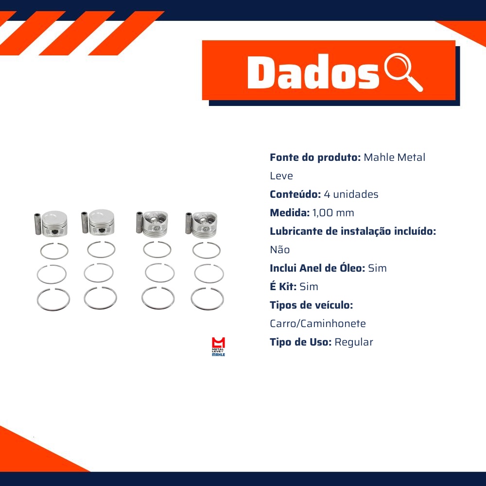Jogo com 4 Pistões com Anéis SPA 1,00 para Ford Courier e Fiesta - Mahle Metal Leve - SP&A9015 1,00 SPA
