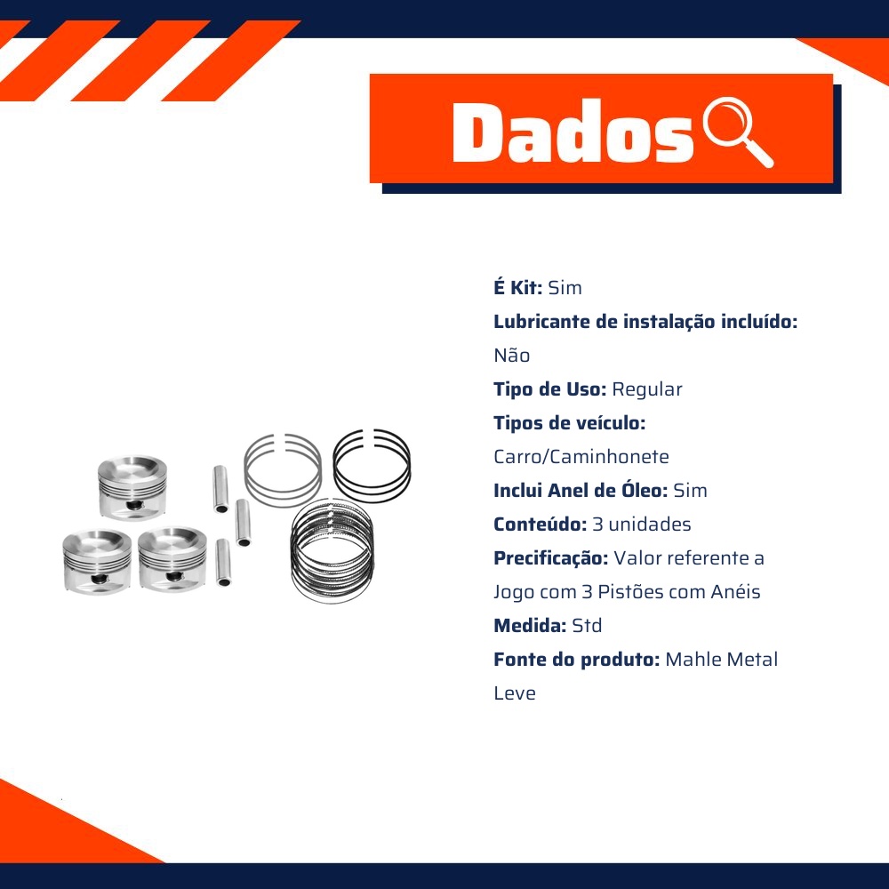 Jogo com 3 Pistões com Anéis STD - Mahle Metal Leve - P&A9739 STD
