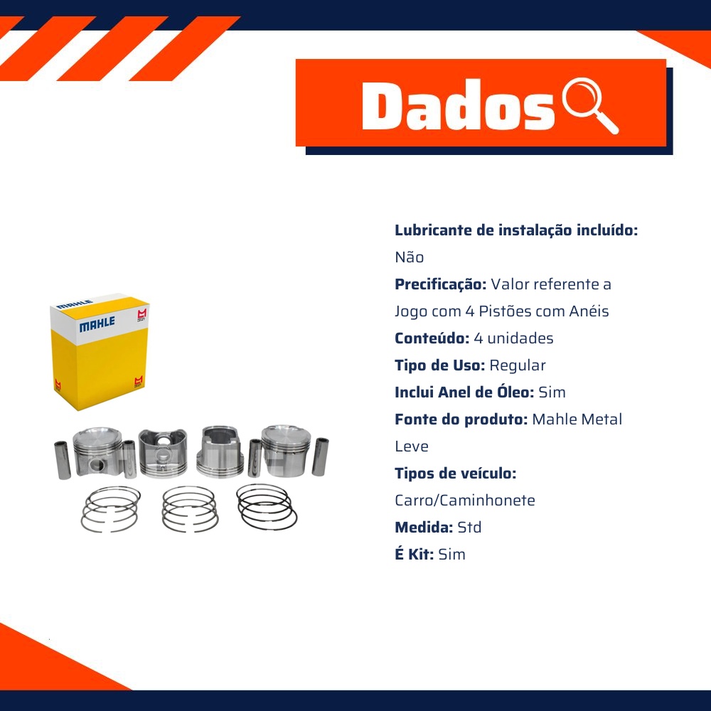 Jogo com 4 Pistões com Anéis STD - Mahle Metal Leve - P&A9903 STD