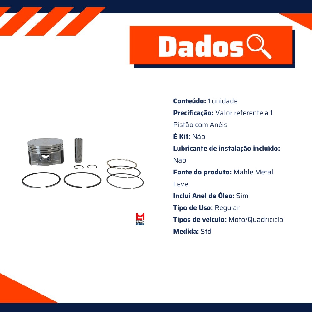 Pistão com Anéis STD para Honda CB 300 e XRE 300 - Mahle Metal Leve - P&A9756 STD