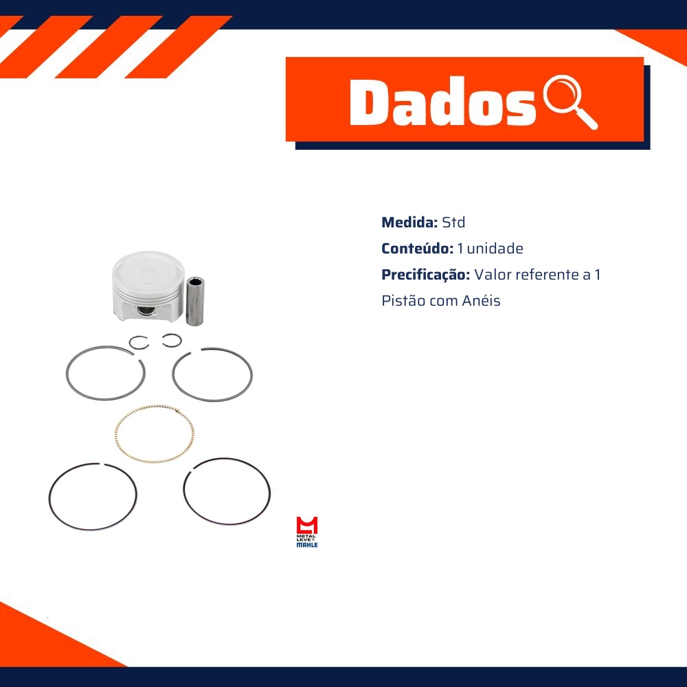 Pistão com Anéis STD para Honda CG 160 e NXR 160 BROS - Mahle Metal Leve - P&A9825 STD