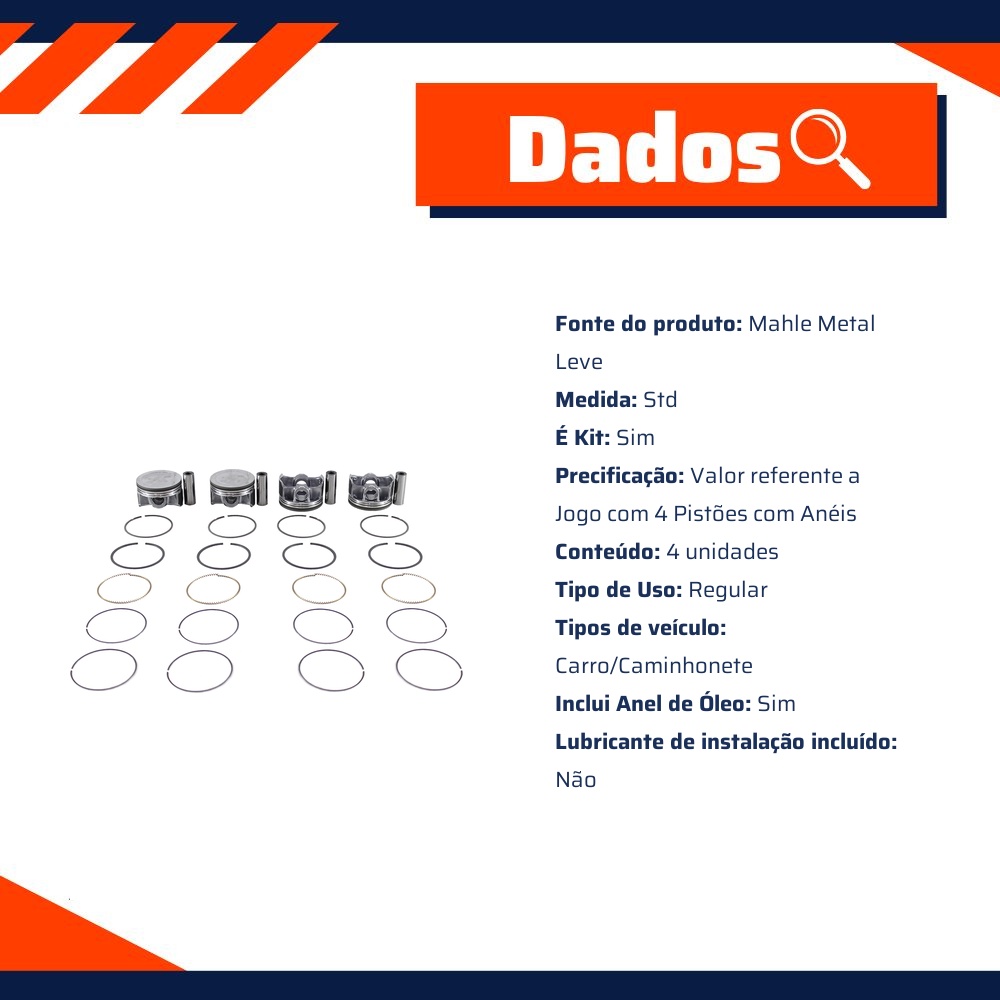 Jogo com 4 Pistões com Anéis STD - Mahle Metal Leve - P&A9655 STD