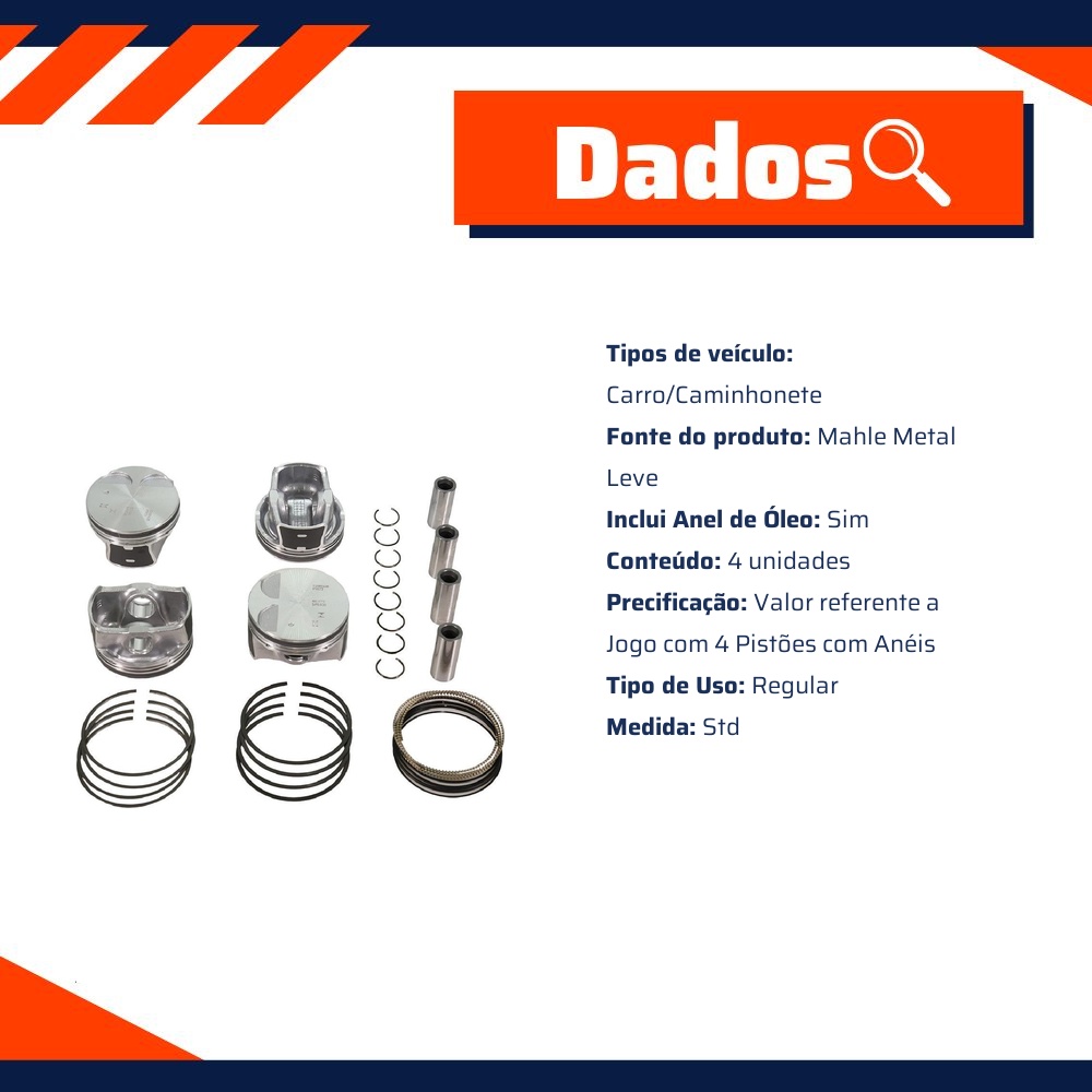 Jogo com 4 Pistões com Anéis STD para Hyundai Elantra e KIA Sportage - Mahle Metal Leve - P&A9873 STD