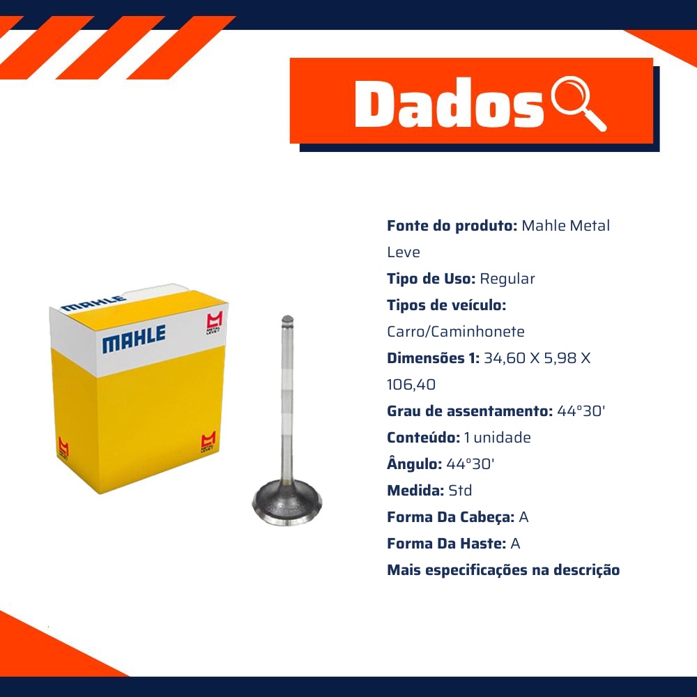 Kit 4 Válvula de Admissão para Peugeot 306 e 306 Break - Mahle Metal Leve - VA0440561 STD