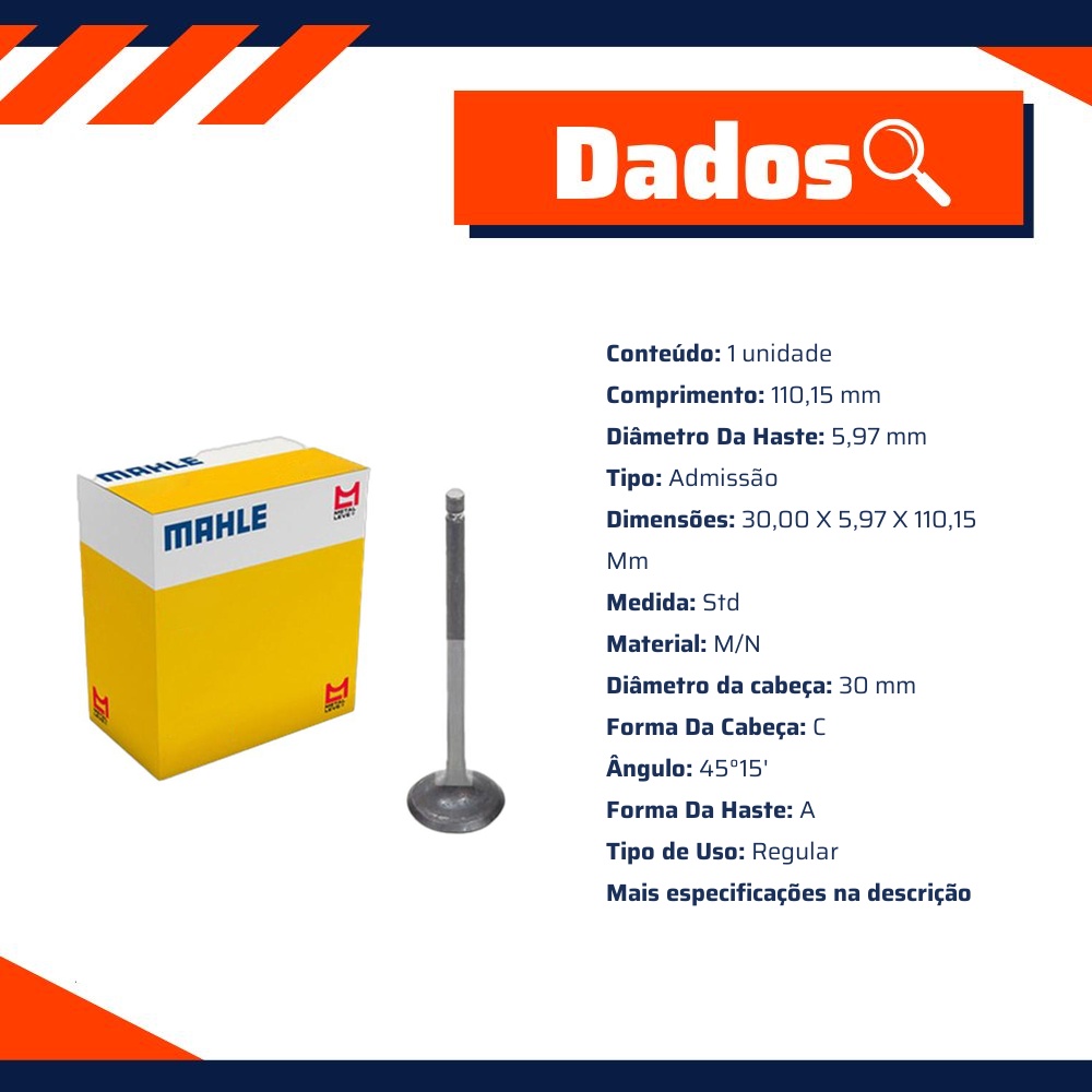 Kit 4 Válvula de Admissão para Mitsubishi Lancer e Pajero Tr4 - Mahle Metal Leve - VA1951571 STD