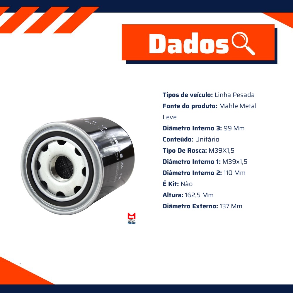 Filtro Secador do Ar Comprimido - Mahle Metal Leve - AL12