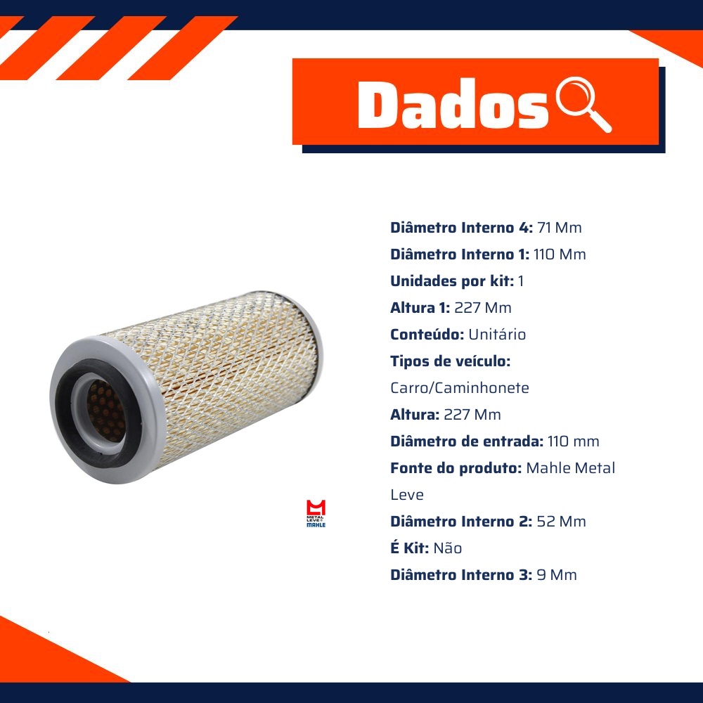 Filtro de Ar Gurgel Xavante e Volkswagen Kombi - Mahle Metal Leve - LX272