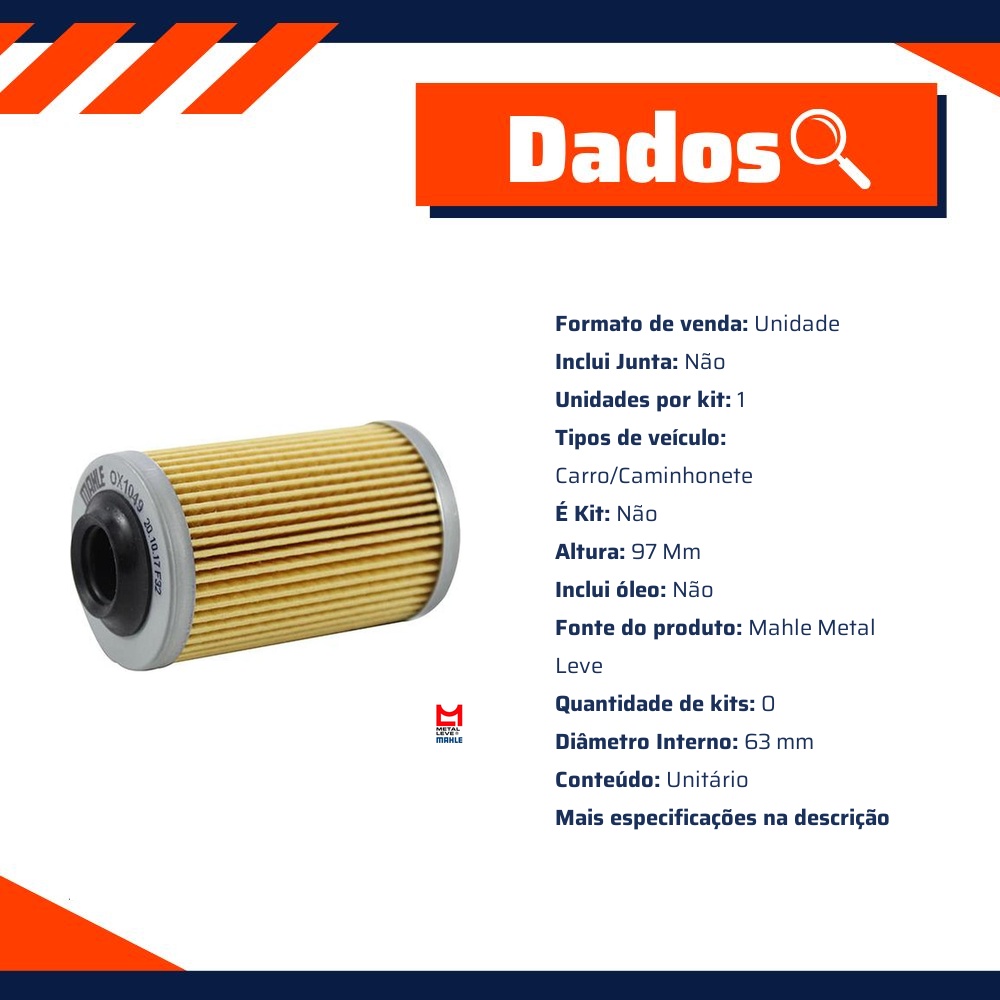 Filtro de Óleo Lubrificante para Chevrolet Omega e Trailblazer - Mahle Metal Leve - OX1049D