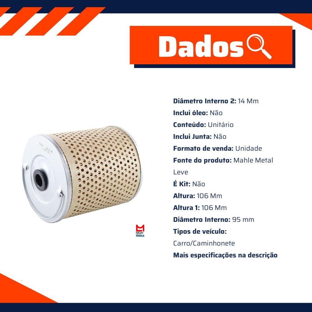 Filtro de Óleo Lubrificante - Mahle Metal Leve - OX214D