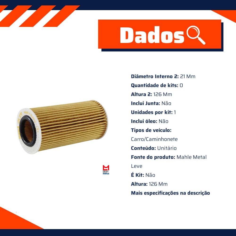 Filtro de Óleo Lubrificante - Mahle Metal Leve - OX379/D