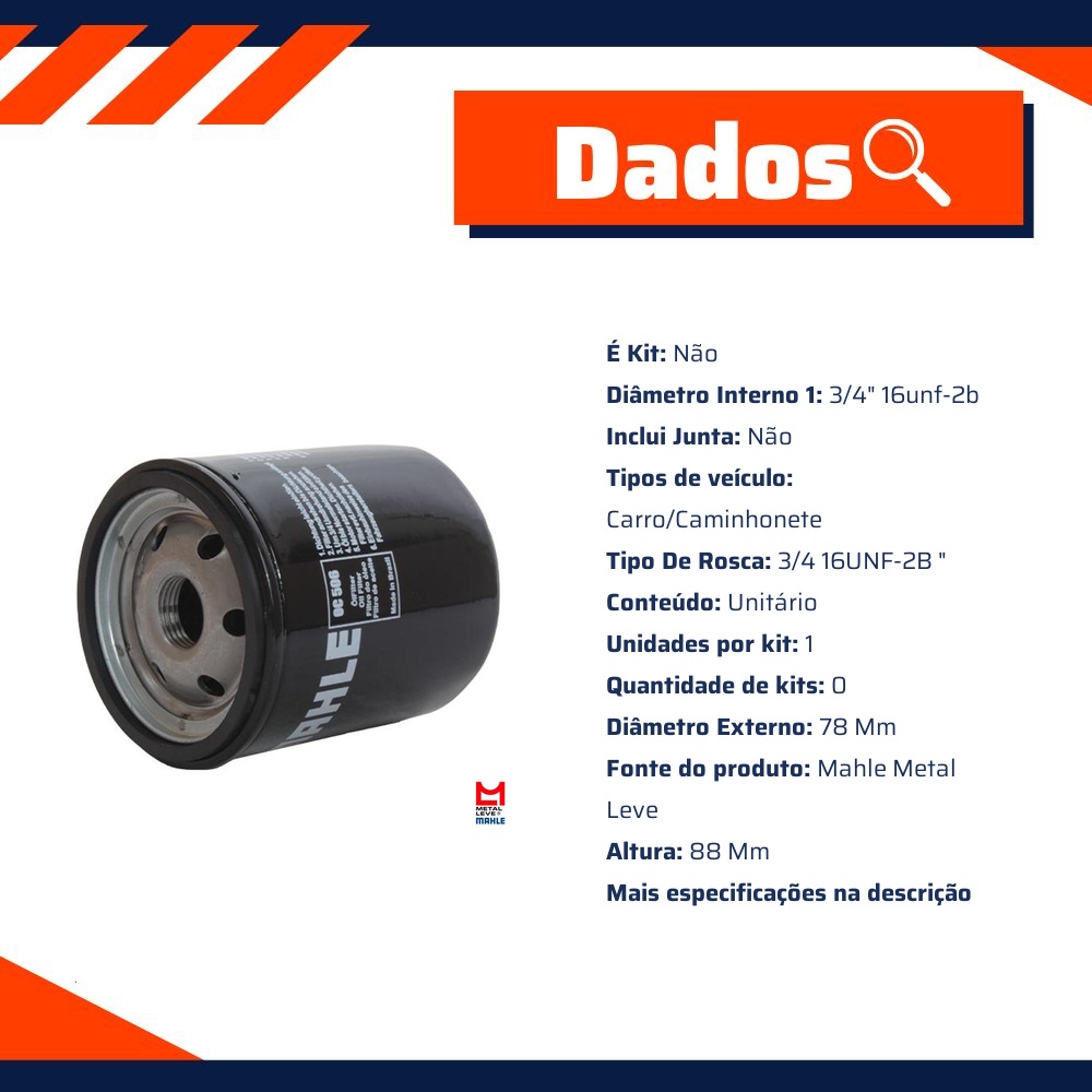Filtro Blindado de Óleo Lubrificante - Mahle Metal Leve - OC506 PLUS
