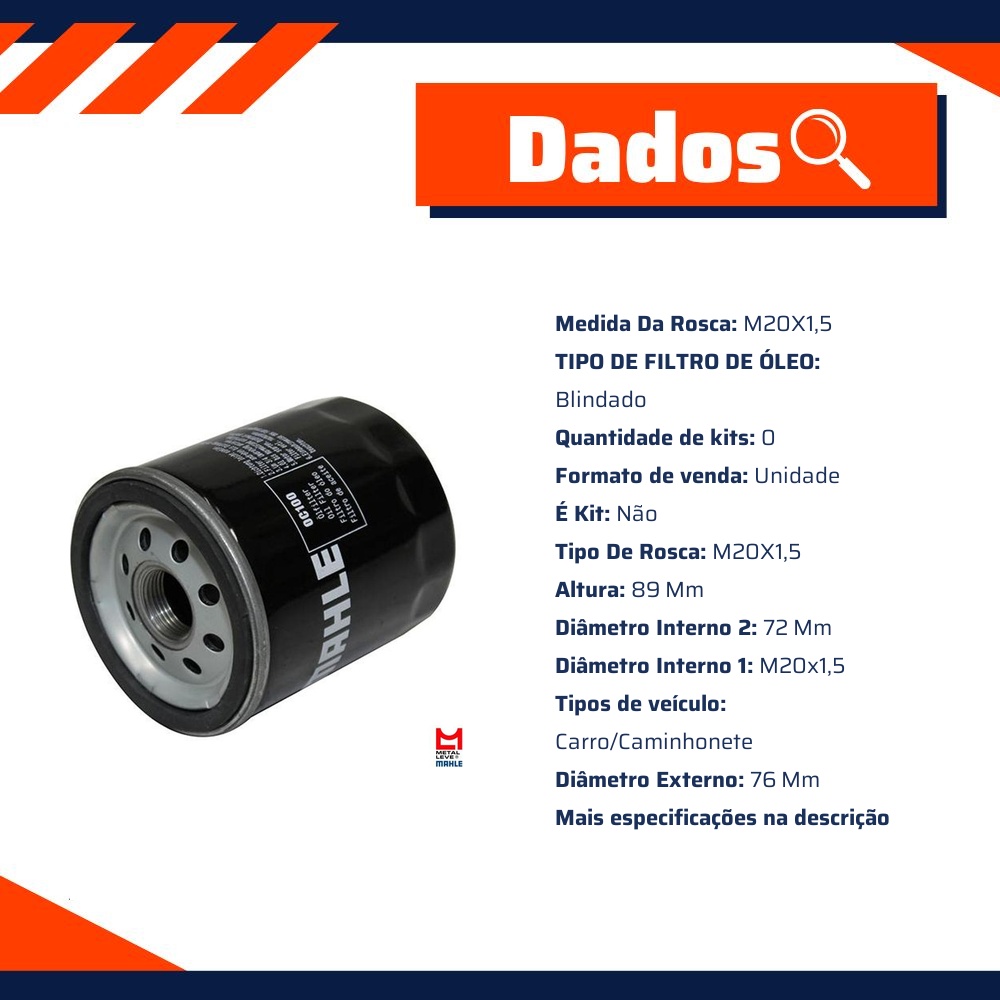 Filtro Blindado de Óleo Lubrificante - Mahle Metal Leve - OC100