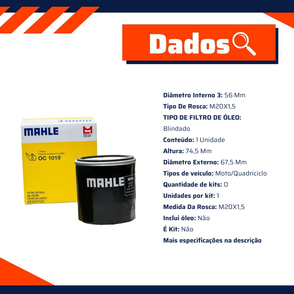 Filtro Blindado de Óleo Lubrificante - Mahle Metal Leve - OC1019