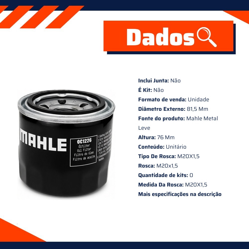 Filtro Blindado de Óleo Lubrificante - Mahle Metal Leve - OC1226
