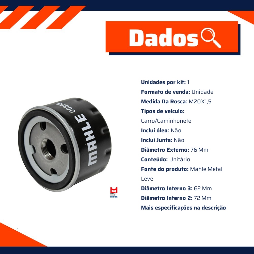 Filtro Blindado de Óleo Lubrificante - Mahle Metal Leve - OC309