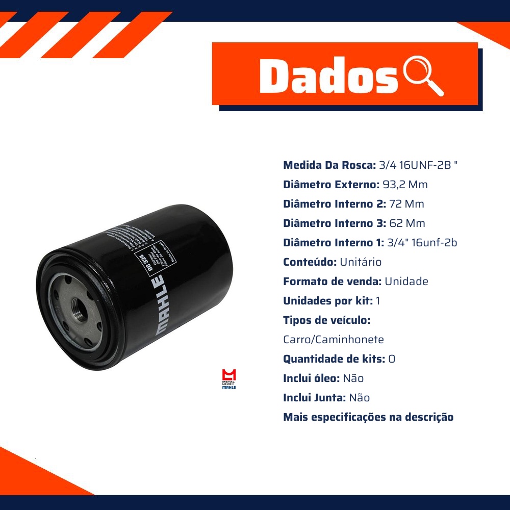 Filtro Blindado de Óleo Lubrificante - Mahle Metal Leve - OC324