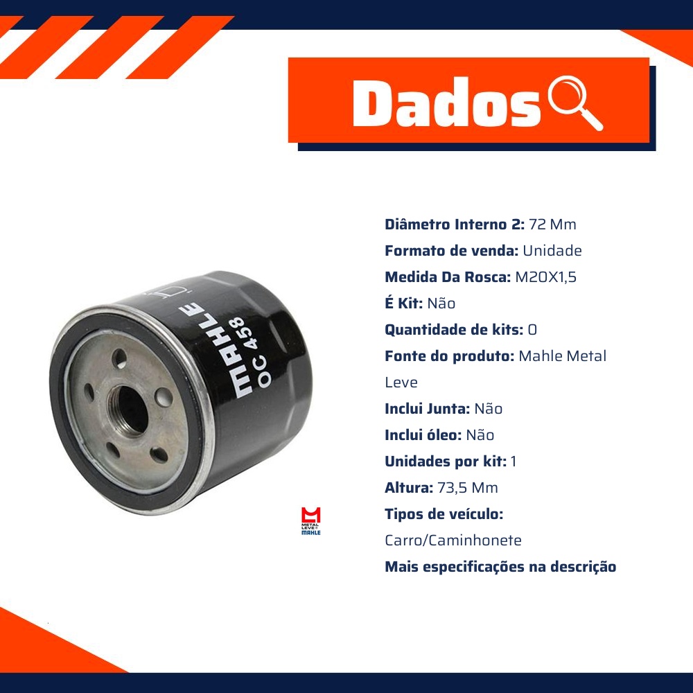 Filtro Blindado de Óleo Lubrificante - Mahle Metal Leve - OC458