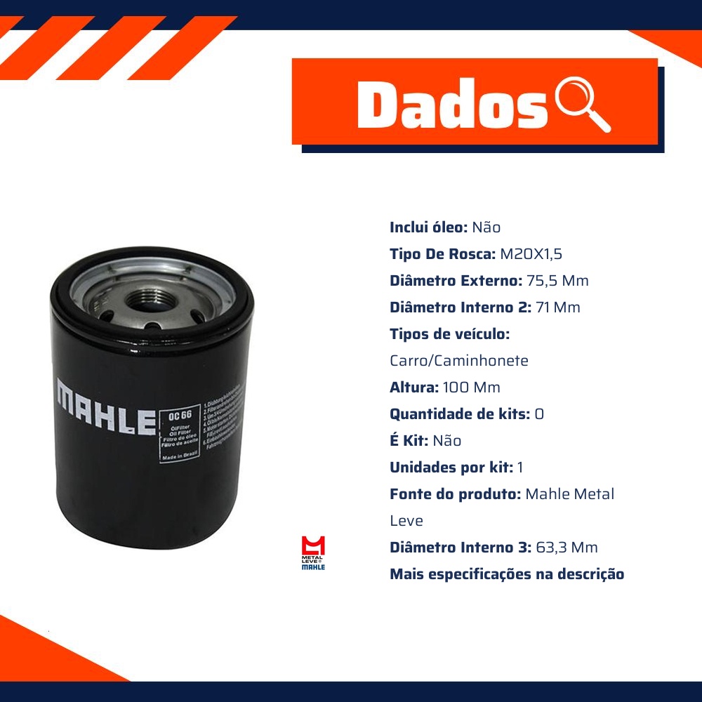 Filtro Blindado de Óleo Lubrificante - Mahle Metal Leve - OC66