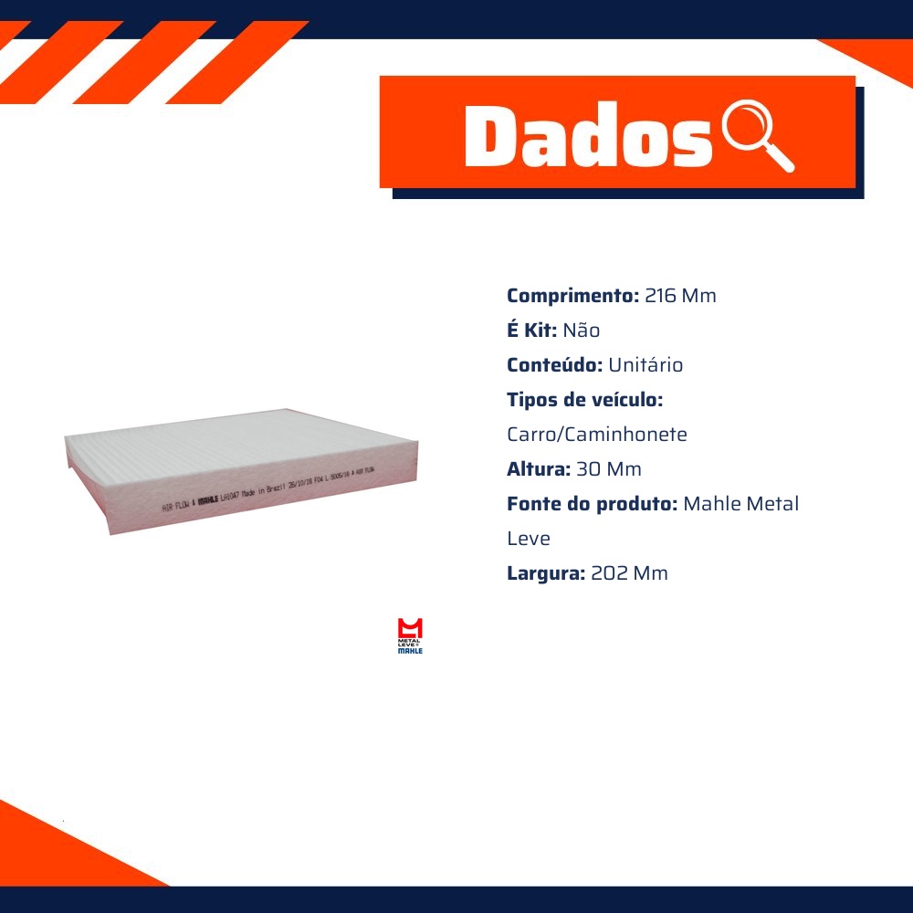FIltro de Ar Condicionado Cabine - Mahle Metal Leve - LA1047