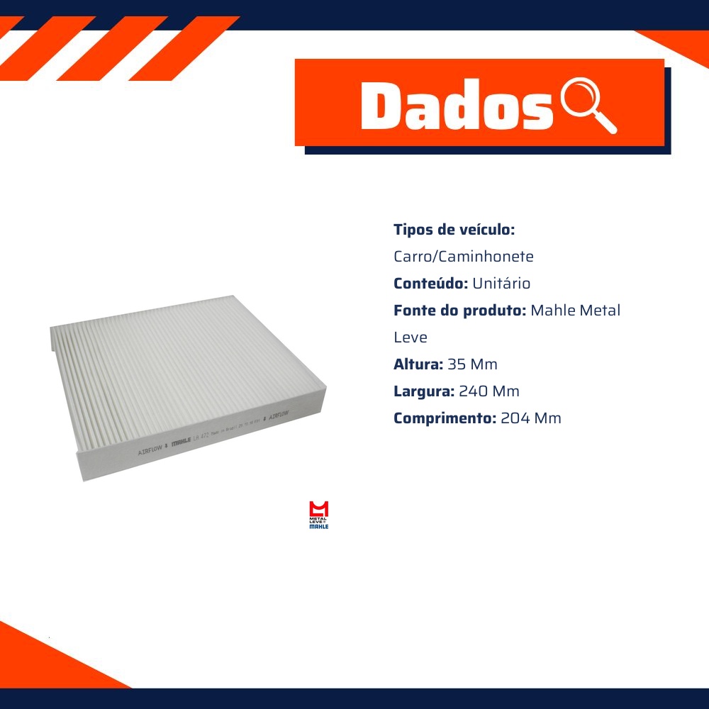 FIltro de Ar Condicionado Cabine - Mahle Metal Leve - LA472