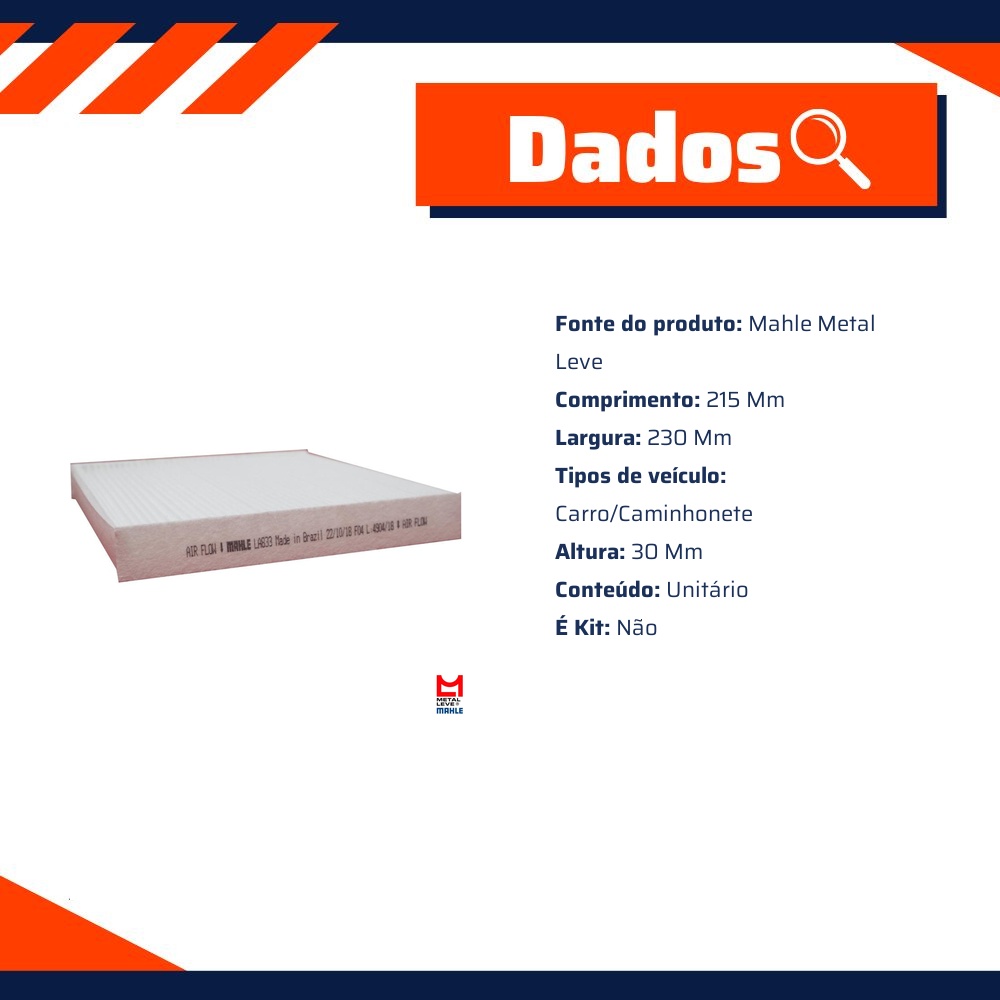 Filtro de Ar da Cabine para Ford Ranger - Mahle Metal Leve - LA833