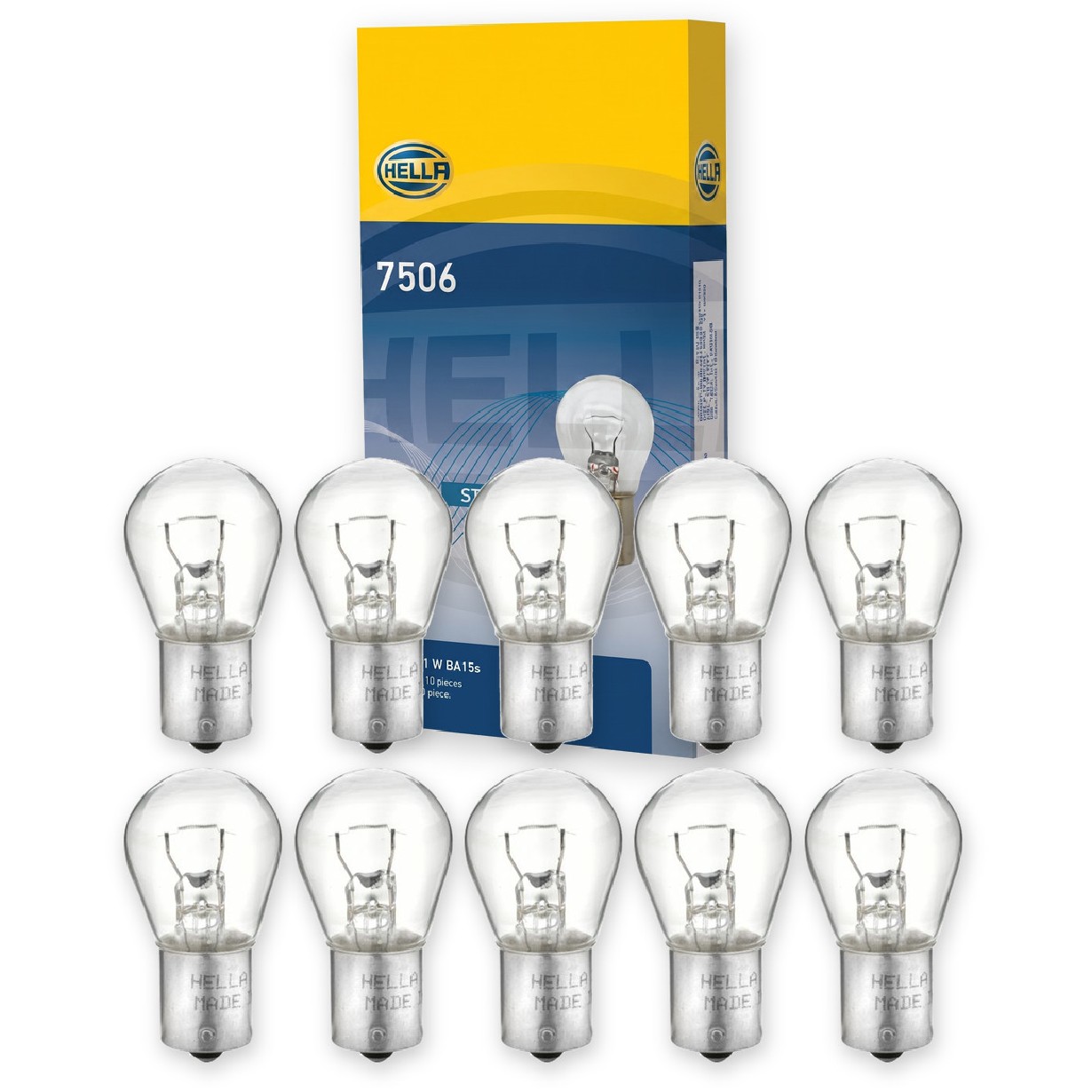 Kit 10 Lâmpadas Freio Posição P21W 12V 21W BA15s Pingo - Hella - 7506