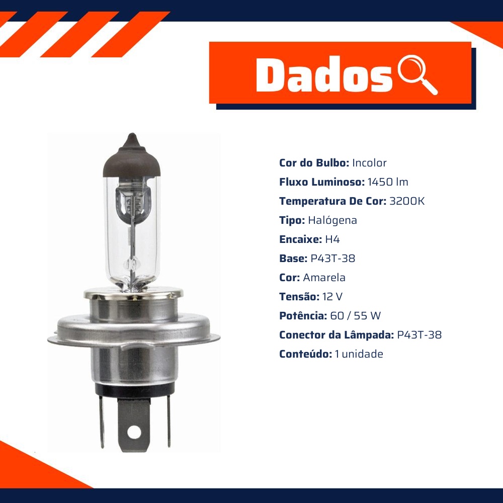 Lâmpada Farol Alto Baixo H4 12V 60/55W Halógena - Hella - H4
