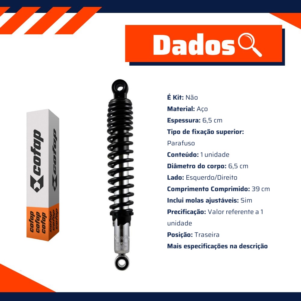 Amortecedor Traseiro Direito ou Esquerdo da Suspensão para Honda CG 150 e CG 160 - Cofap - CR22540M