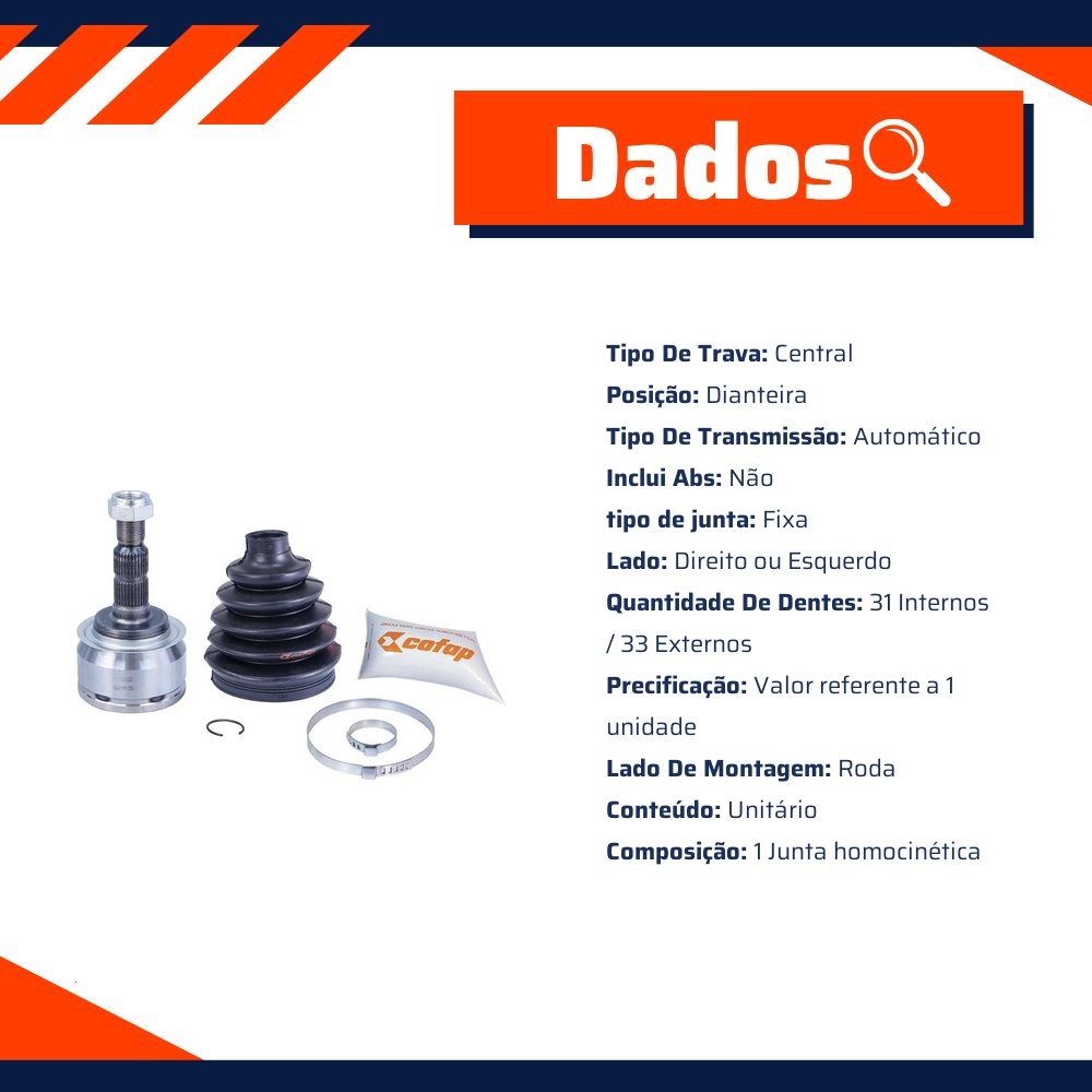 Junta Homocinética Dianteira Roda Automática para Chevrolet Cruze e Cruze Sport6 - Cofap - JHC04122