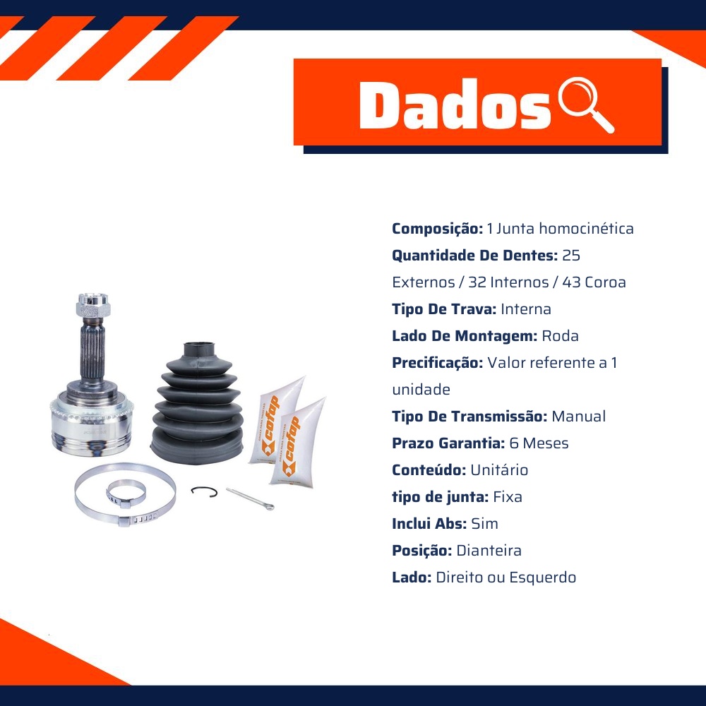 Junta Homocinética Dianteira Roda Manual com ABS para Mitsubishi Pajero TR4 - Cofap - JHC39003