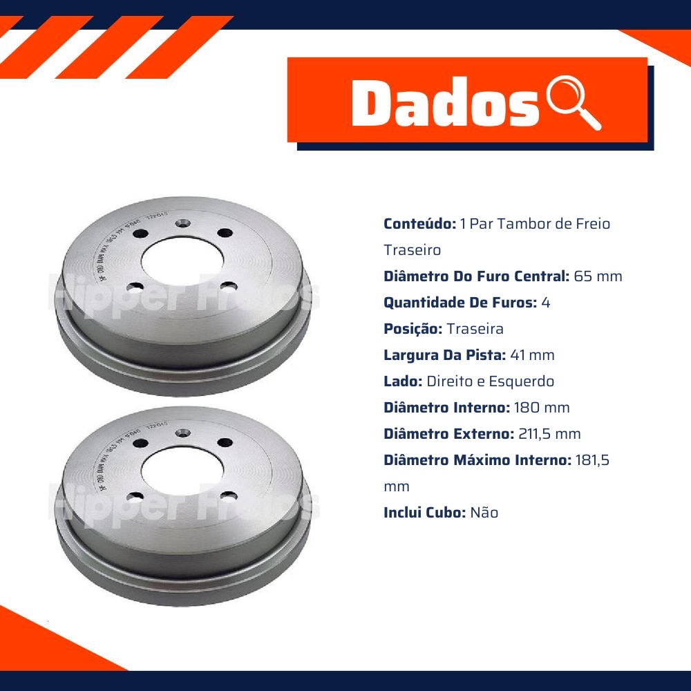 Par Tambor de Freio Traseiro para Volkswagen Gol e VOYAGE - Hipper Freios - HF 08D
