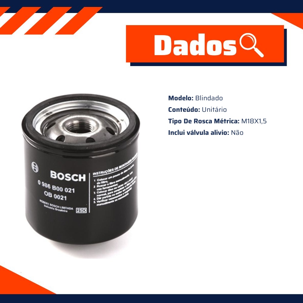 Filtro de Óleo Lubrificante - Bosch - 0 986 B00 021