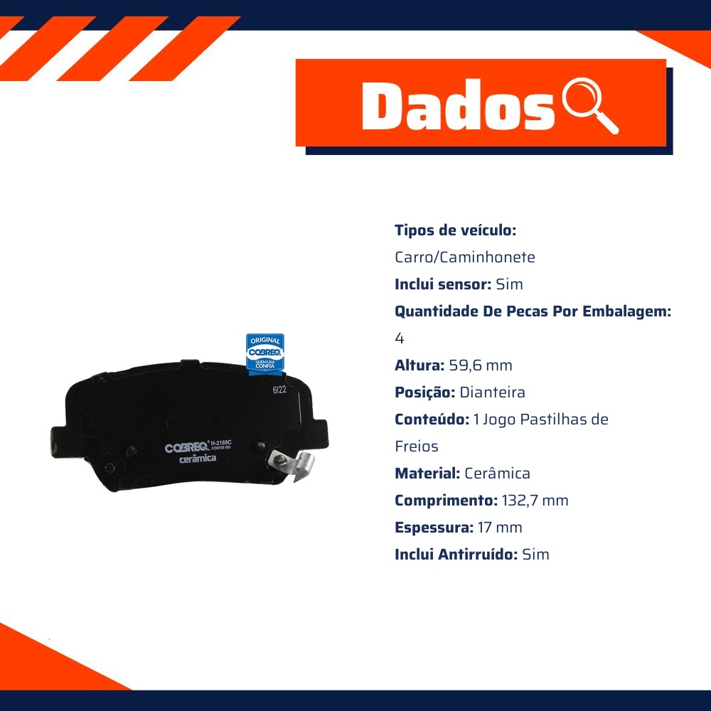 Pastilha de Freio Cerâmica Dianteira para Hyundai Creta e KIA Carens - Cobreq - N-2169C