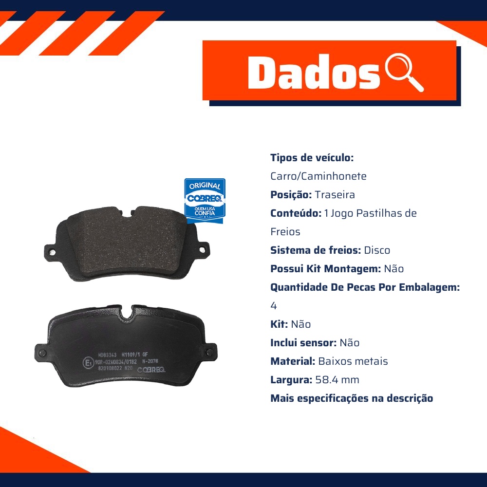 Pastilha de Freio Traseira para Land Rover Range Rover Sport e Range Rover Vogue - Cobreq - N-2078