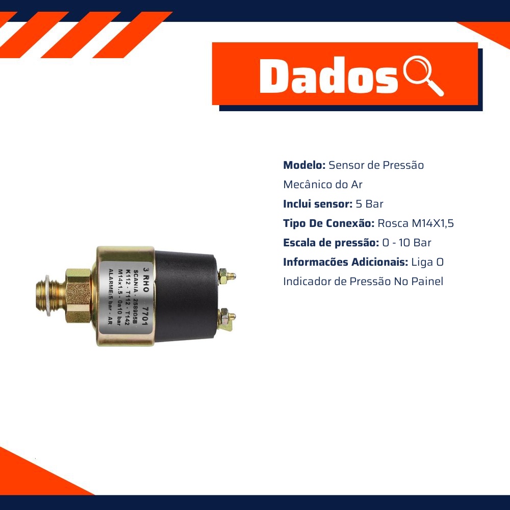 Sensor Mecânico de Pressão de Ar - 0 a 10 Bar - 3-RHO - 7701