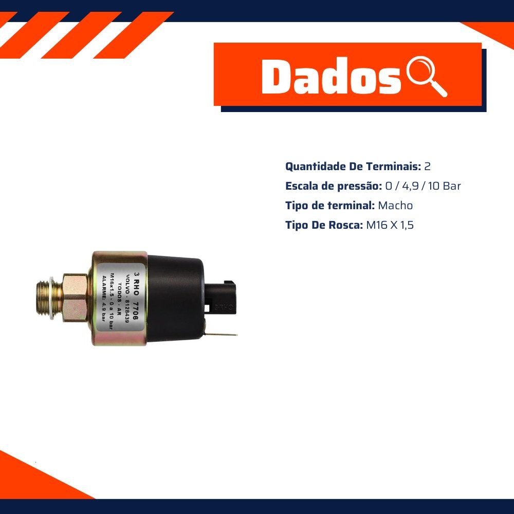 Sensor Mecânico de Pressão de Ar 0 a 4,9 a 10 Bar para Volvo N10 300 - 3-RHO - 7706