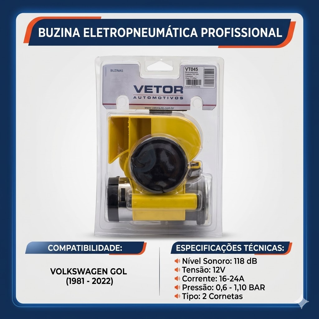 Buzina com 2 Cornetas Compactadas 12V para Volkswagen Gol - Vetor - Vt045
