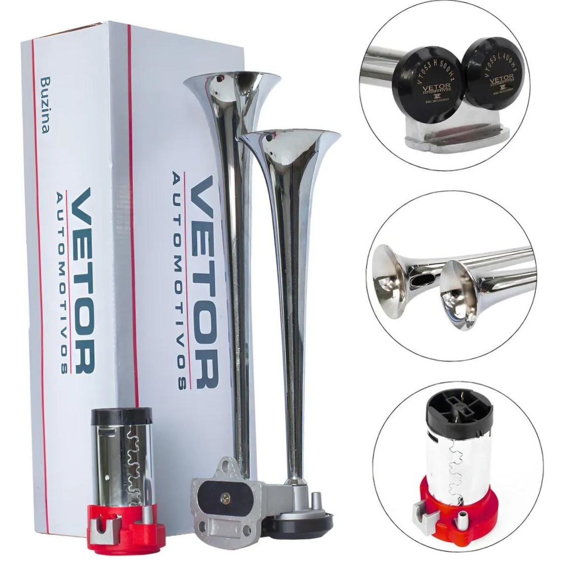 Buzina 2 Cornetas Cromada 12V - Vetor - Vt053